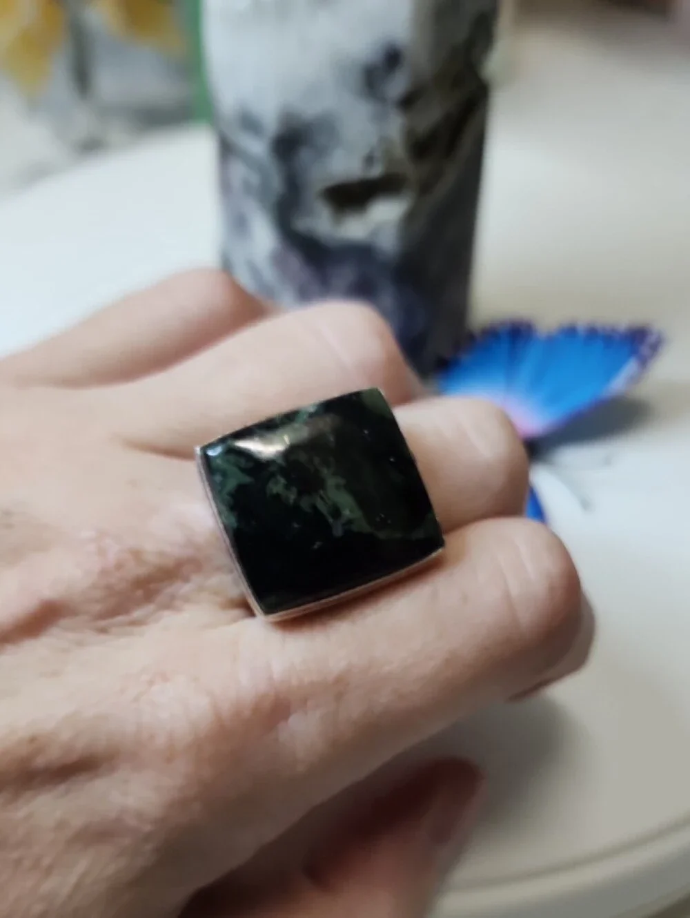 Square Dark Green and Black Stone Statement Ring